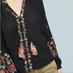 Anthropologie Maeve Long Sleeve Embroidered Top With Tassels